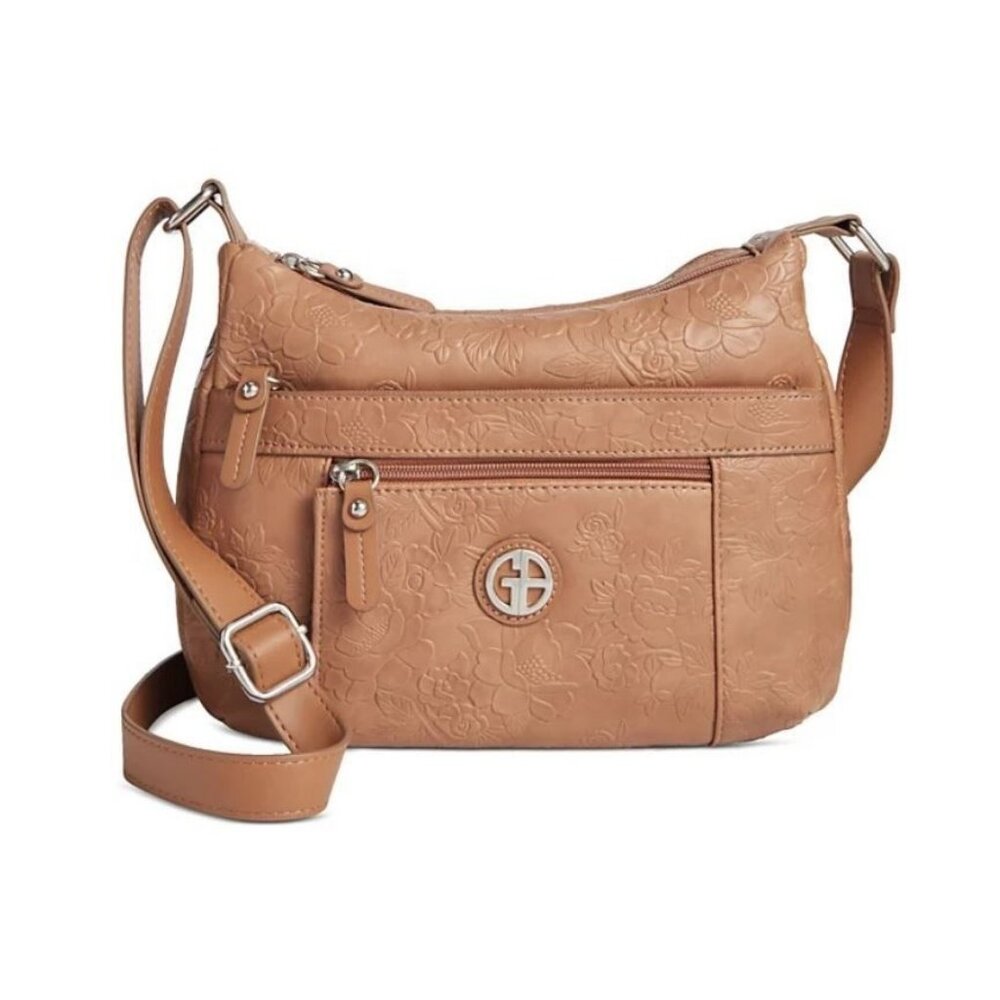 GIANI BERNINI tooled floral embossed hobo shoulder crossbody bag - Cognac/ Tan